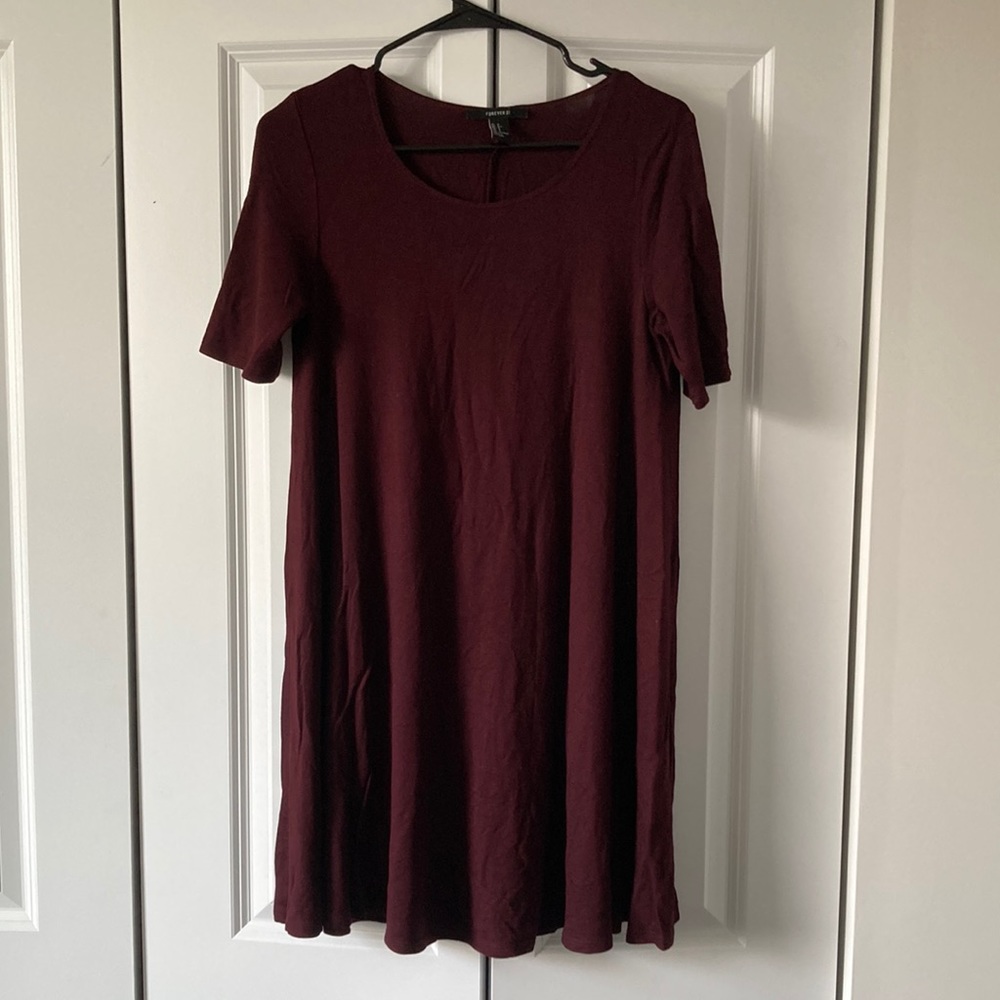 Burgundy short sleeve sack dress, size small, forever 21